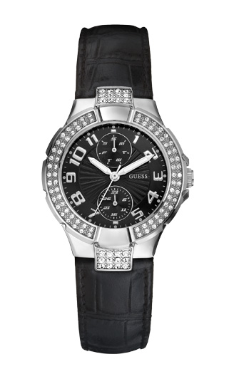 Часы женские Guess W11607L2 спортивные, круглые, черные с камнями и гарантией 24 месяца