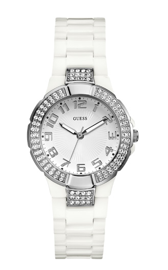 Часы женские Guess W11611L1 спортивные, круглые, белые с камнями и гарантией 24 месяца