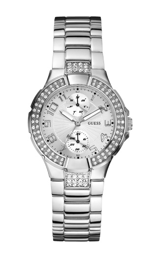 Часы женские Guess W12638L1 классические, круглые, металлик с камнями и гарантией 24 месяца