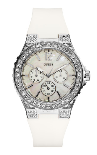 Часы женские Guess W14555L1 спортивные, круглые, перламутр с камнями и гарантией 24 месяца