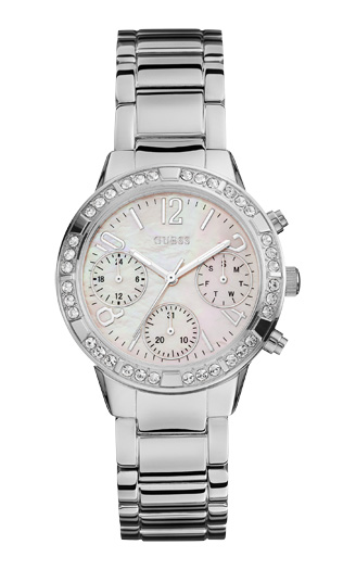 Женские часы GUESS W0546L1  спортивные, круглые, перламутр с камнями и гарантией 24 месяца