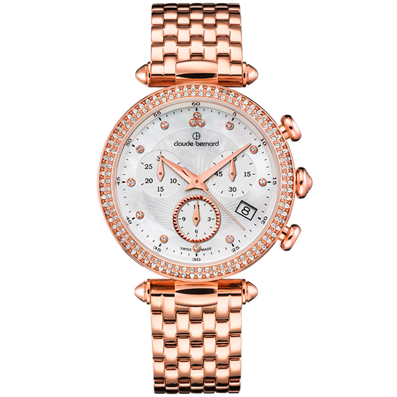 Женские часы CLAUDE BERNARD 10230 37RM NAR классические, круглые, металлик с камнями и гарантией 24 месяца
